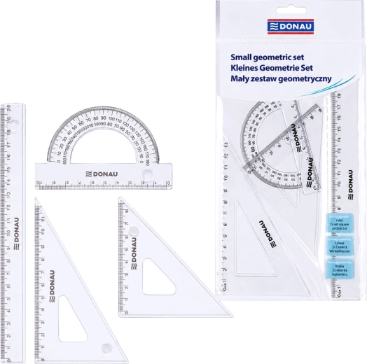 Small DONAU geometry set with 20 cm ruler, set squares and protractor, transparent - 1 piece