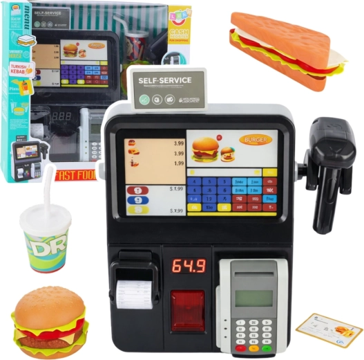 Детска самообслужваща каса с терминал и скенер – FAST FOOD комплект със светлини и звуци