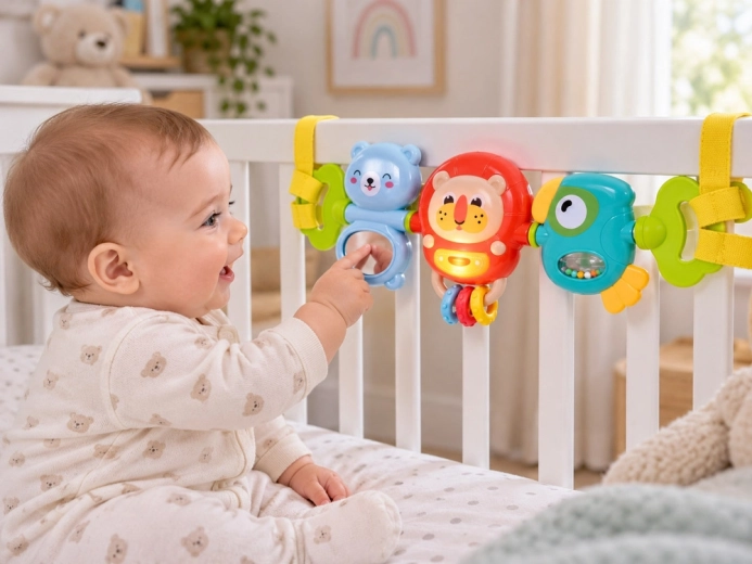 Easy attachment to a stroller or crib