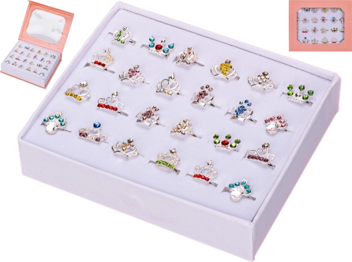 Girls' set of rings with crowns in a heart-shaped box, 24 pcs