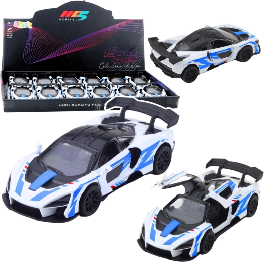 Metal racing sports car 1:32 with pull-back drive and opening doors – white