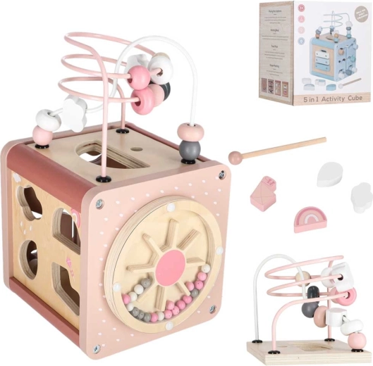 Pink Wooden Educational Activity Cube 5-in-1