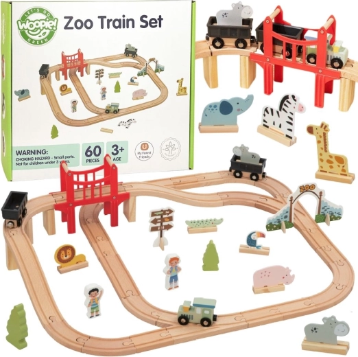 Woopie Green wooden zoo XL train set – magnetic train, bridge and 60 pieces, FSC