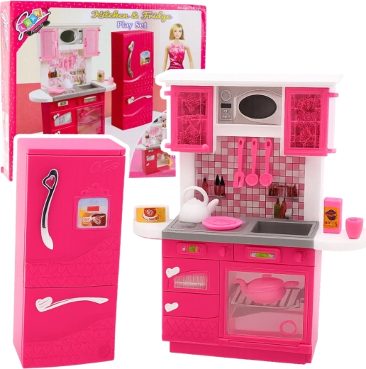 Pink kitchen with refrigerator for 29 cm dolls