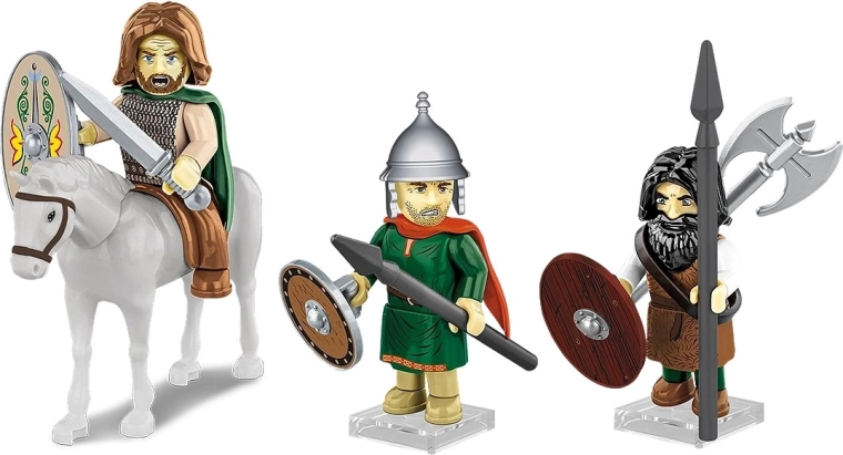 Three detailed minifigures and a mounted rider