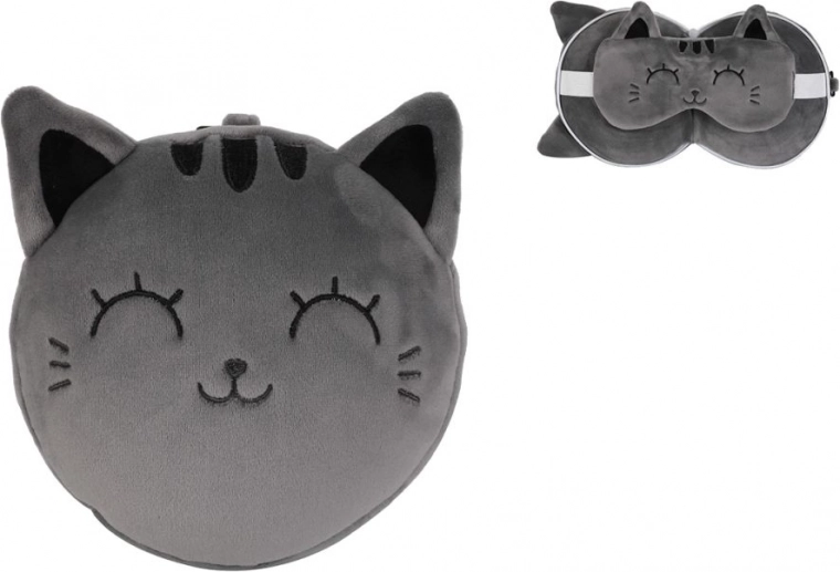 Travel pillow with mask gray cat