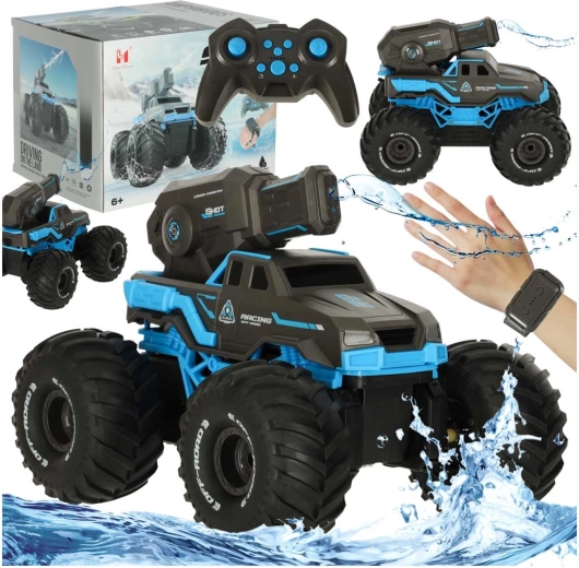 Амфибийна RC кола с водно оръдие, водоустойчива, управление с жестове и 2 контролера – синя