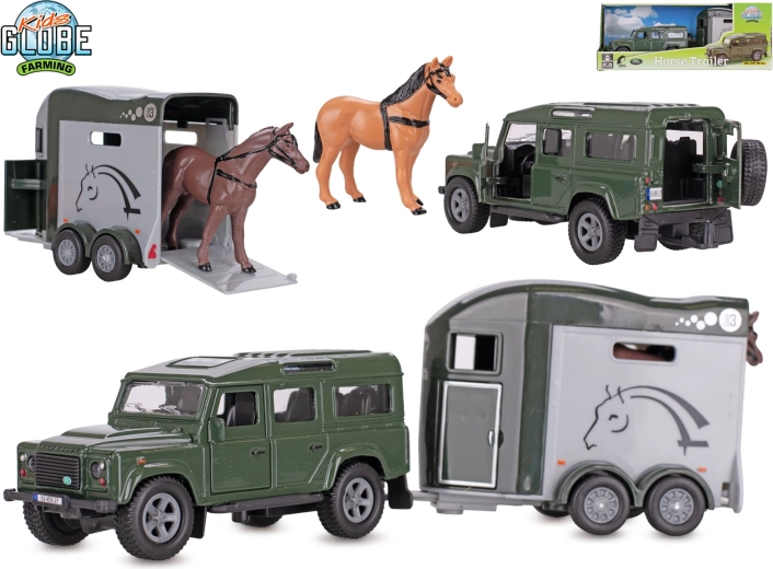 Kids Globe Farming Land Rover с ремарке за коне (pull-back)