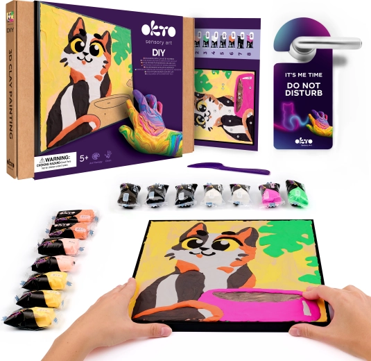 OKTO Cat with Bowl – paint-by-numbers clay art kit 29 × 29 cm