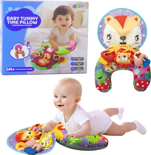 Support pillow for babies with hang-on toys and crinkly fox mat