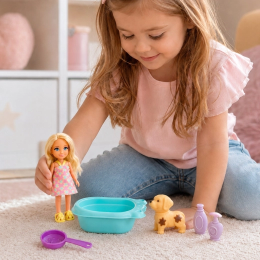 Playing with the doll and puppy