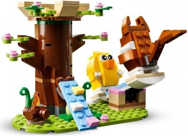 Spring scene with animals and a tree house