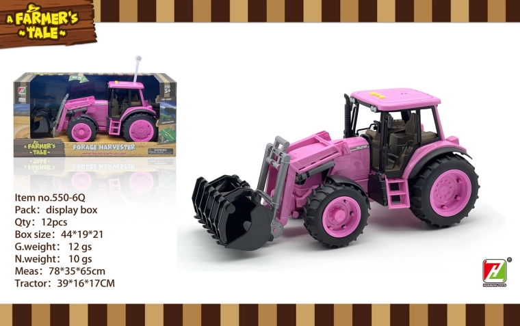 Pink interactive tractor with grabber, lights and sounds 1:16