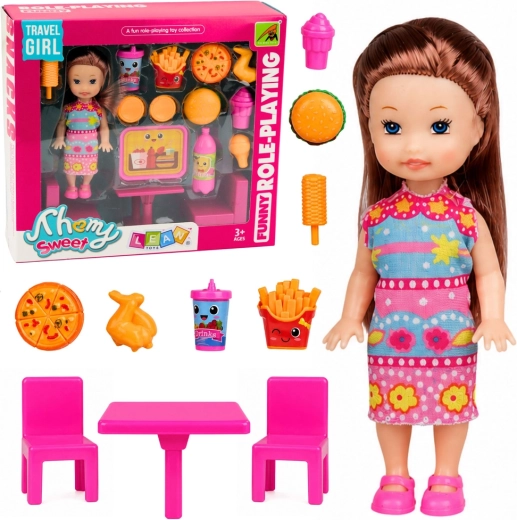 Mini doll with fast food set, table and 2 chairs (11 cm)