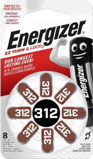 Energizer 312 button cell hearing aid batteries, 8 pcs