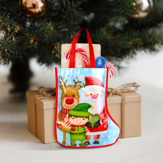 Blue Christmas gift bag in the shape of a boot, 33 cm