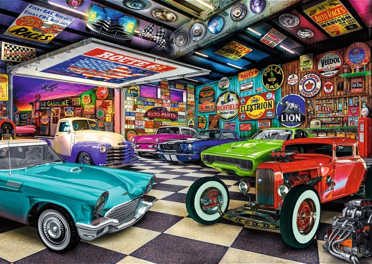 Trefl Puzzle Premium Plus Tea Time: гараж на колекционер на автомобили 1000 части