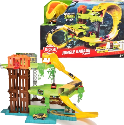 Dickie Toys атака на змия 3-етажна джунгла – състезателна писта с повдигаща платформа и количка