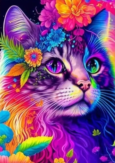 Диамантено рисуване – цветна котка с цветя 30 × 40 см