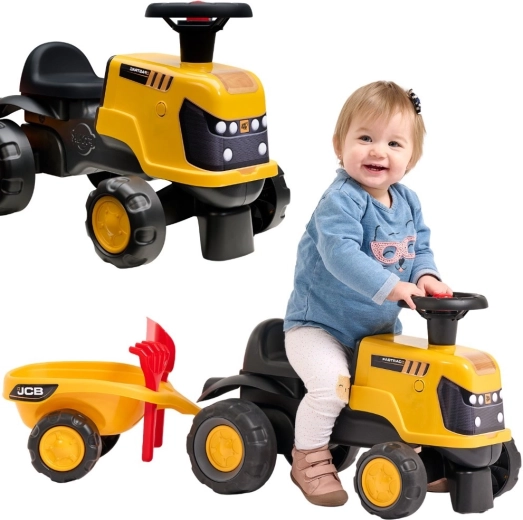 Детско тракторче за бутане JCB Fastrac с ремарке, лопатка и гребло