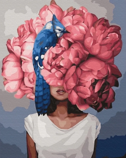 Диамантено рисуване – жена с цветна глава и синя птица 30 × 40 см