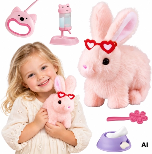 WOOPIE interactive pink plush bunny on a leash with accessories
