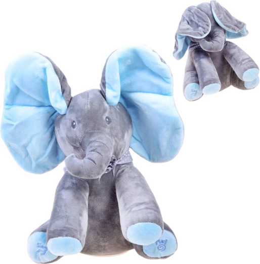 Interactive plush elephant that sings and plays peek‑a‑boo – Blue