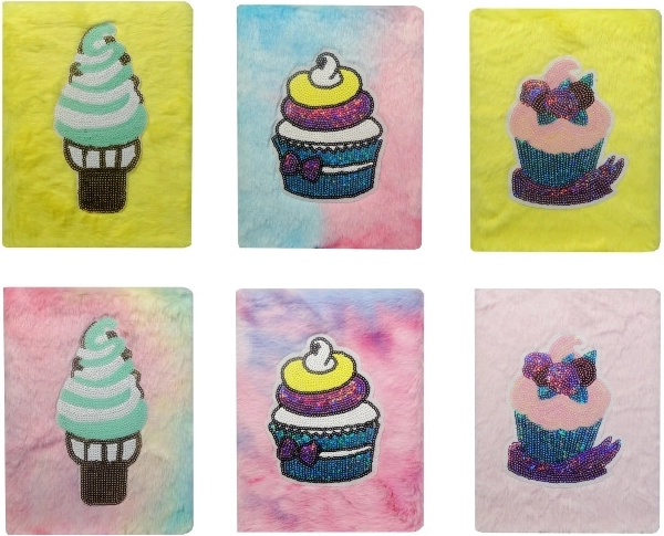 Plush diary with sequin muffins and ice cream