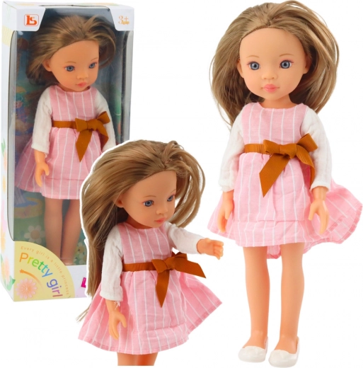 Кукла Pretty Girl в розова рокля с панделка и дълга кестенява коса