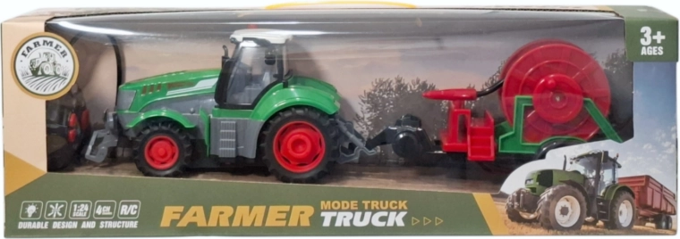 Remote-controlled tractor with trailer and hose reel, with light and charger