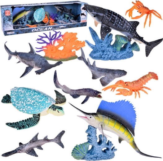 Set of Sea Animals Figures with Sharks and Corals