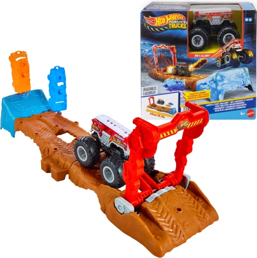 Hot Wheels Monster Trucks playset track with HW 5 Alarm car and 2 accessories