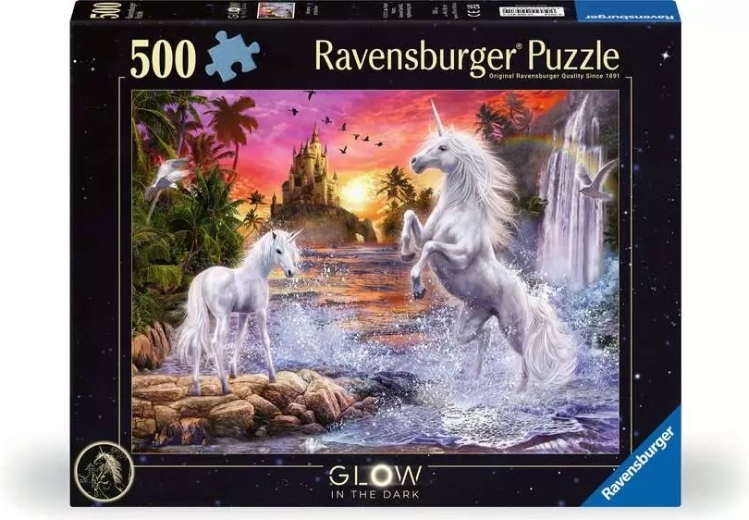 Ravensburger светещ пъзел „Еднорози край реката“ 500 части