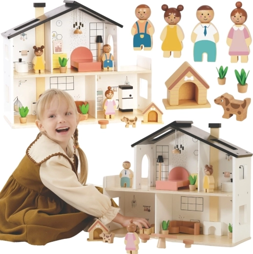 Tooky Toy дървена къщичка за кукли с аксесоари и семейство (20 части)