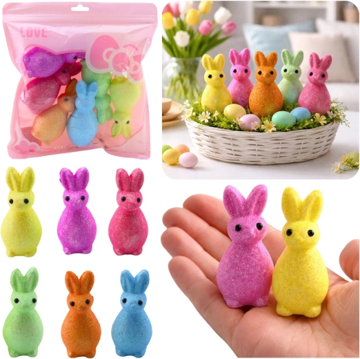 Glittery Easter Bunnies Made of Polystyrene - 6 pcs
