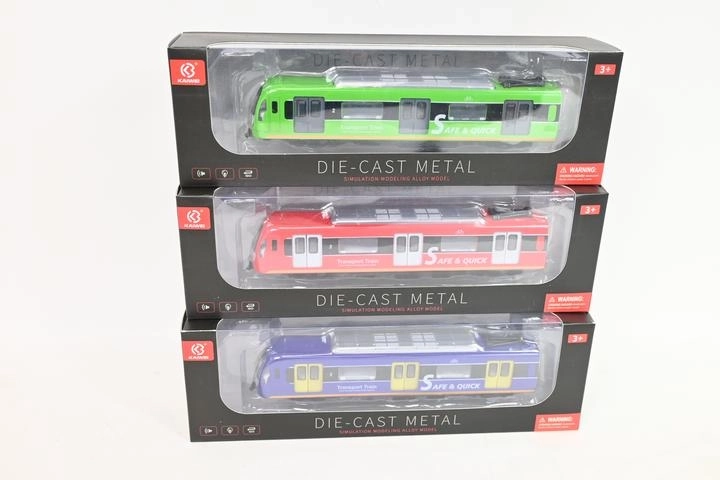 Metal subway train model with lights and sound in a box
