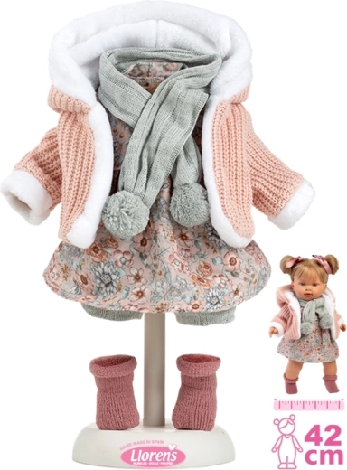 Outfit for 16.5 in doll – pink knitted set with scarf and skirt