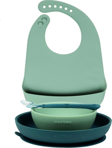 Nattou silicone feeding set with bib, 4 pcs, pink, BPA-free