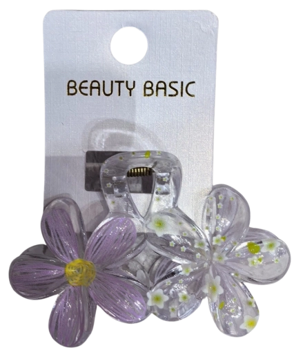 PINK hair claw clip transparent with two flowers, purple