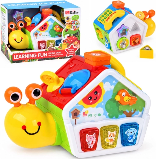 Interactive educational snail with shape sorter, music and lights