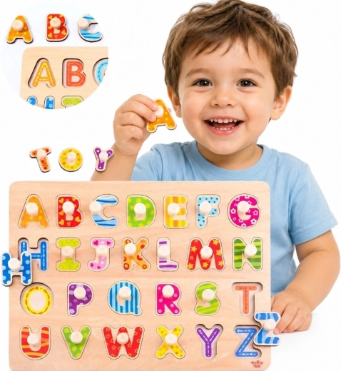 Tooky toy montесори дървен пъзел за поставяне азбука с дръжки