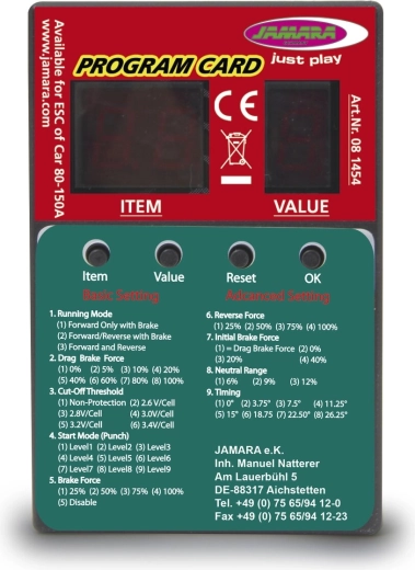 Programming card for Cool Running speed controllers