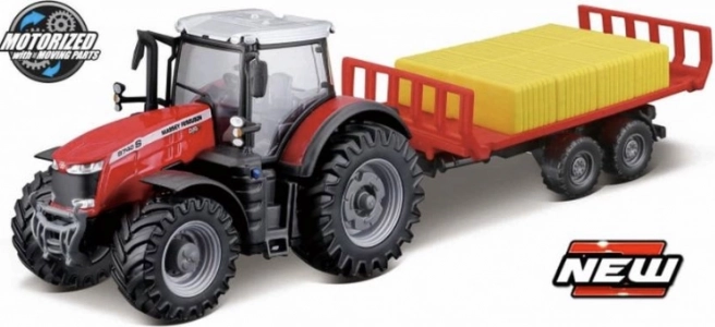 Bburago фермерски трактор Massey Ferguson 8740 S с ремарке за бали 10 см