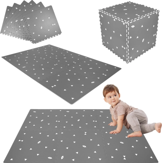Пяна подложка XXL Humbi 180 × 120 см, водоустойчив пъзел, сиви триъгълници, 6 части