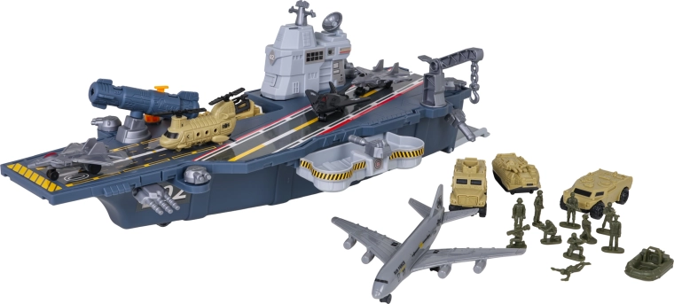 Aircraft carrier with storage space and movable elements