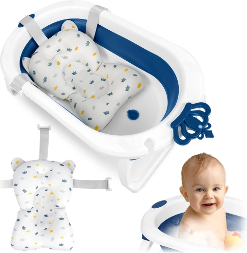 Сгъваема детска ваничка с вложка за новородено – Бяло-синя