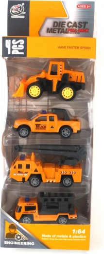 Set of Metal Construction Cars 1:64 – 4 pcs, Pull-Back