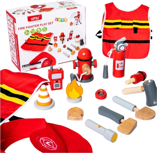 Children's firefighter set with costume and wooden accessories