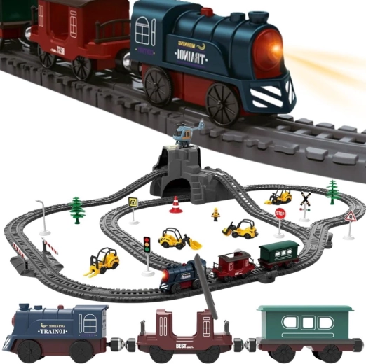 Woopie electric retro train track with locomotive and 2 carriages, 76 pieces