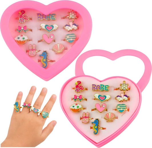 Set of Adjustable Kids’ Rings in a Heart-Shaped Case, 12 pcs